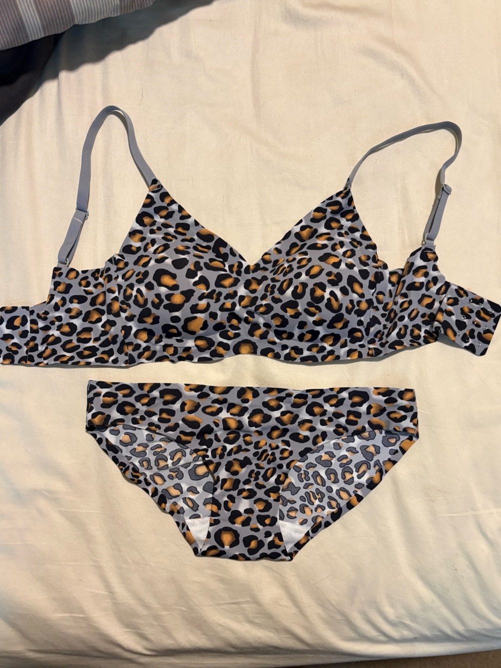 Leopard Print Bra and Panty Lingerie Set - Grey, Black & Gold